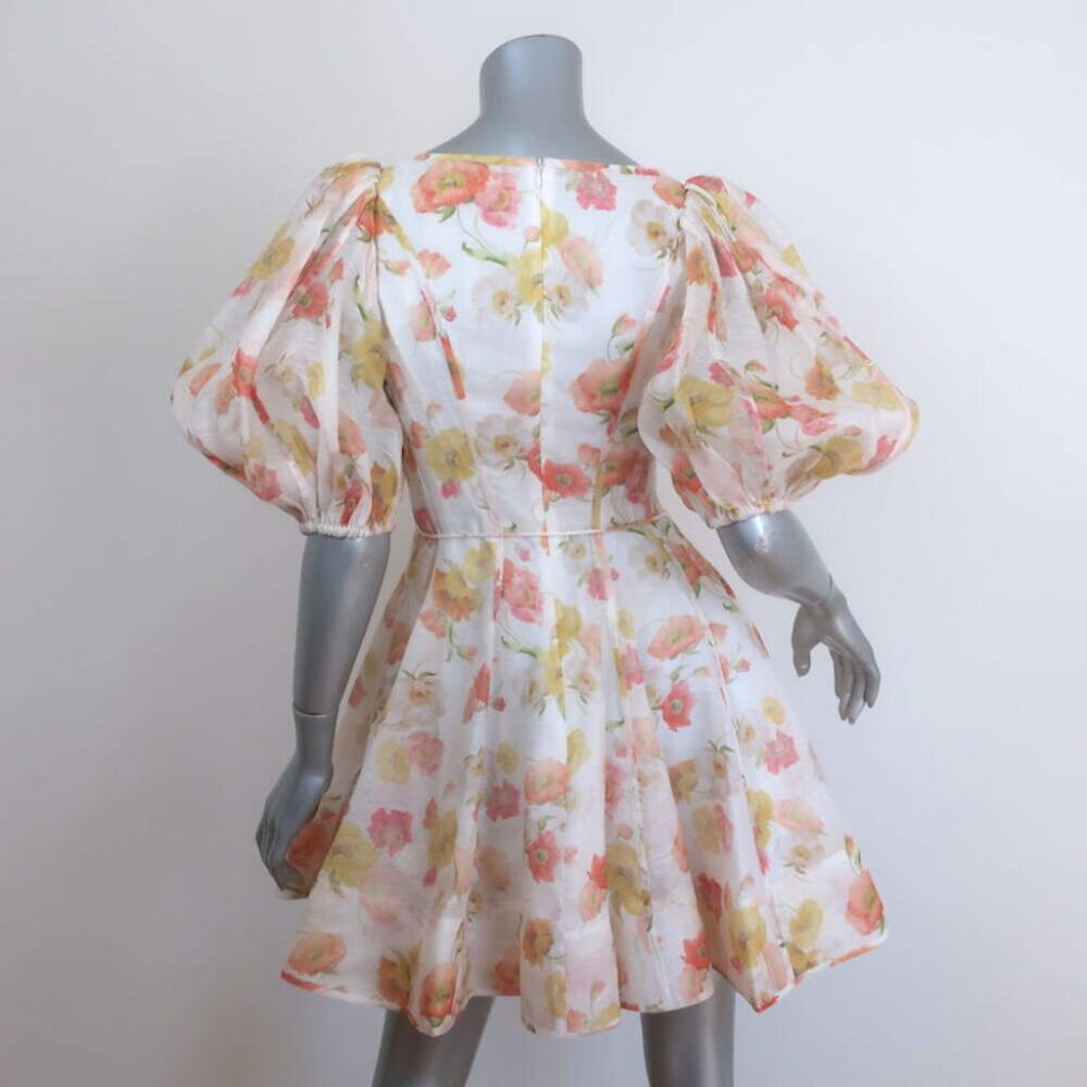 Zimmermann Tranquility Flip Puff Sleeve Mini Dress Cream Floral Print Size 0 - Picture 4 of 6